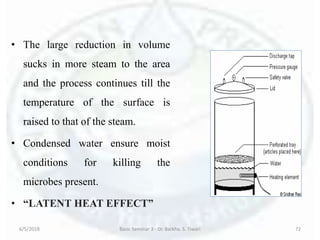 • The large reduction in volume
sucks in more steam to the area
and the process continues till the
temperature of the surface is
raised to that of the steam.
• Condensed water ensure moist
conditions for killing the
microbes present.
• “LATENT HEAT EFFECT”
6/5/2018 Basic Seminar 3 - Dr. Barkha. S. Tiwari 72
 