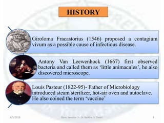 HISTORY
Giroloma Fracastorius (1546) proposed a contagium
vivum as a possible cause of infectious disease.
Antony Van Leewenhock (1667) first observed
bacteria and called them as ‘little animacules’, he also
discovered microscope.
Louis Pasteur (1822-95)- Father of Microbiology
introduced steam sterilizer, hot-air oven and autoclave.
He also coined the term ‘vaccine’
6/5/2018 Basic Seminar 3 - Dr. Barkha. S. Tiwari 8
 