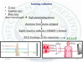 Ionising radiation
• X rays
• Gamma rays
• Beta rays
short wavelength  high penetrating power
electrons from atoms stripped
highly reactive radicals (-OH&H+) formed
DNA breakage of the organisms
6/5/2018 Basic Seminar 3 - Dr. Barkha. S. Tiwari 90
D E A T H
 