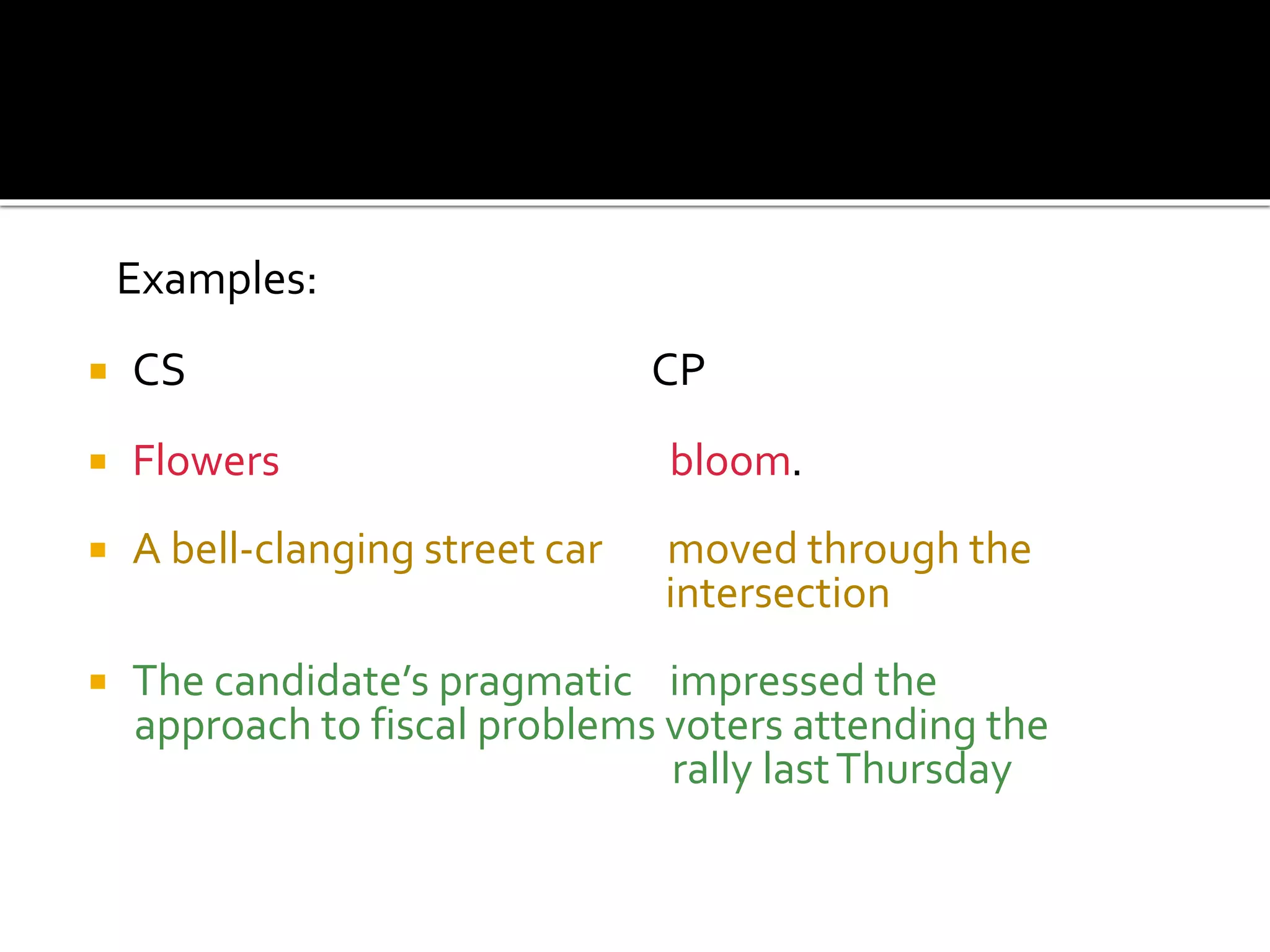 Examples:
 CS CP
 Flowers bloom.
 A bell-clanging street car moved through the
intersection
 The candidate’s pragmatic impressed the
approach to fiscal problems voters attending the
rally lastThursday
 