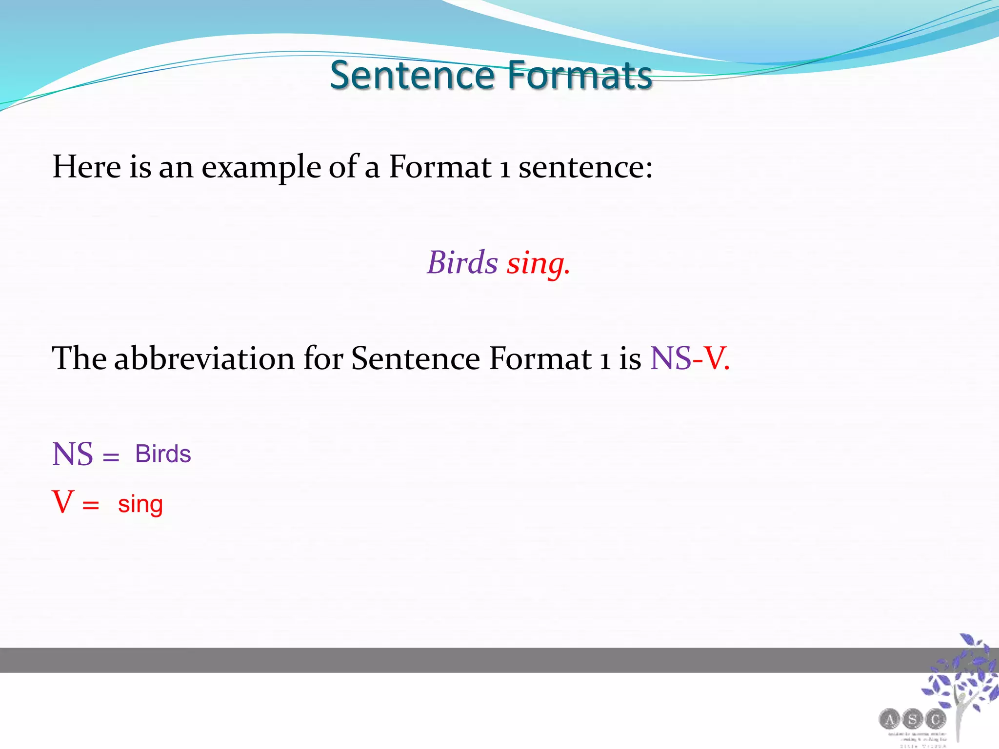 Sentence Formats
Here is an example of a Format 1 sentence:
Birds sing.
The abbreviation for Sentence Format 1 is NS-V.
NS =
V =
Birds
sing
 