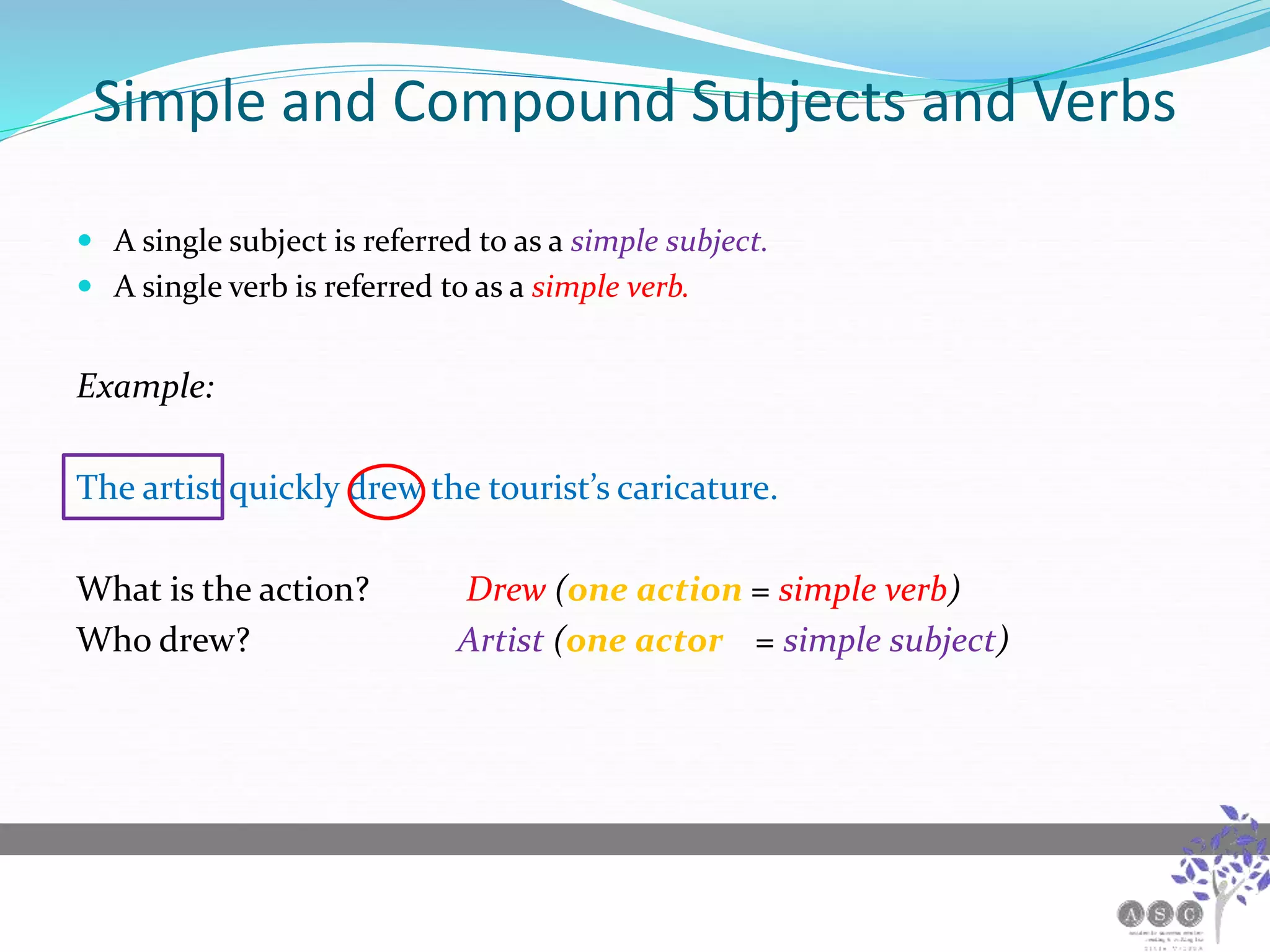 Simple and Compound Subjects and Verbs
 A single subject is referred to as a simple subject.
 A single verb is referred to as a simple verb.
Example:
The artist quickly drew the tourist’s caricature.
What is the action? Drew (one action = simple verb)
Who drew? Artist (one actor = simple subject)
 
