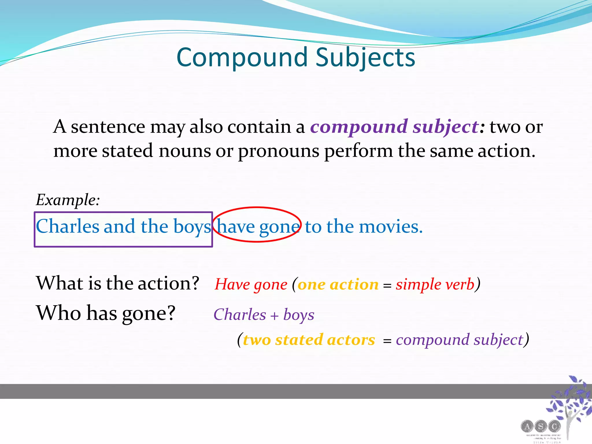 Compound Subjects
A sentence may also contain a compound subject: two or
more stated nouns or pronouns perform the same action.
Example:
Charles and the boys have gone to the movies.
What is the action? Have gone (one action = simple verb)
Who has gone? Charles + boys
(two stated actors = compound subject)
 