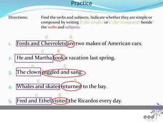 Practice
Directions: Find the verbs and subjects. Indicate whether they are simple or
compound by writing S (for simple) or C (for compound) beside
the verbs and subjects.
1. Fords and Chevrolets are two makes of American cars.
2. He and Martha took a vacation last spring.
3. The clown juggled and sang.
4. Whales and skates returned to the bay.
5. Fred and Ethel visited the Ricardos every day.
S
C
S
C
C
S
C S
S
C
 