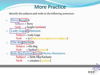 More Practice
Identify the subjects and verbs in the following sentences:
1. Terry laughs.
Subject = Terry
Verb = laughs (action)
2. Lady Gaga is famous.
Subject = Lady Gaga
Verb = is (links description to subject)
3. The dog barked.
Subject = the dog
Verb = barked (action)
4. Seth MacFarlane creates funny characters.
Subject = Seth MacFarlane
Verb = creates (action)
 