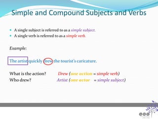 Simple and Compound Subjects and Verbs
 A single subject is referred to as a simple subject.
 A single verb is referred to as a simple verb.
Example:
The artist quickly drew the tourist’s caricature.
What is the action? Drew (one action = simple verb)
Who drew? Artist (one actor = simple subject)
 