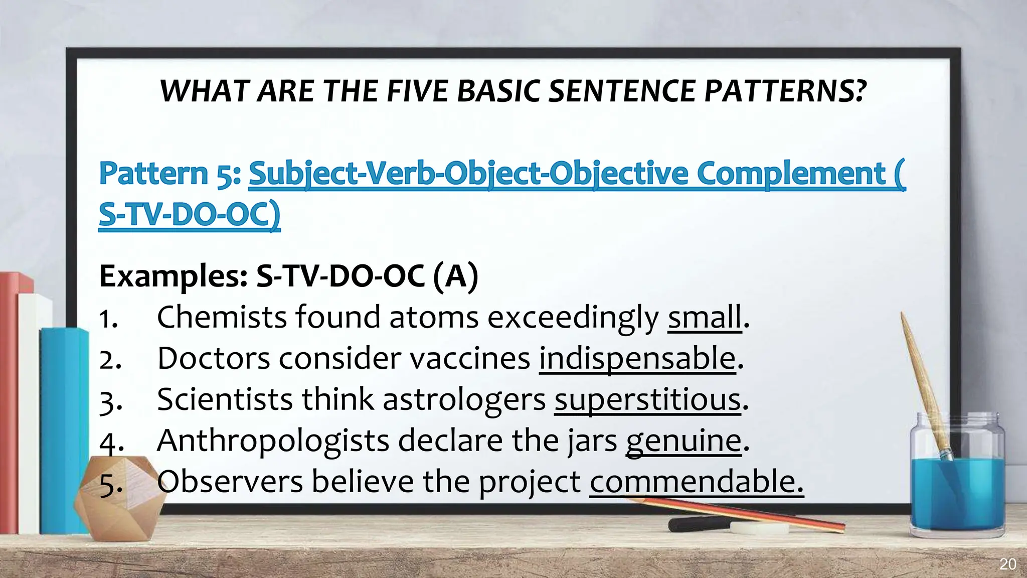 20
WHAT ARE THE FIVE BASIC SENTENCE PATTERNS?
Examples: S-TV-DO-OC (A)
1. Chemists found atoms exceedingly small.
2. Doctors consider vaccines indispensable.
3. Scientists think astrologers superstitious.
4. Anthropologists declare the jars genuine.
5. Observers believe the project commendable.
 