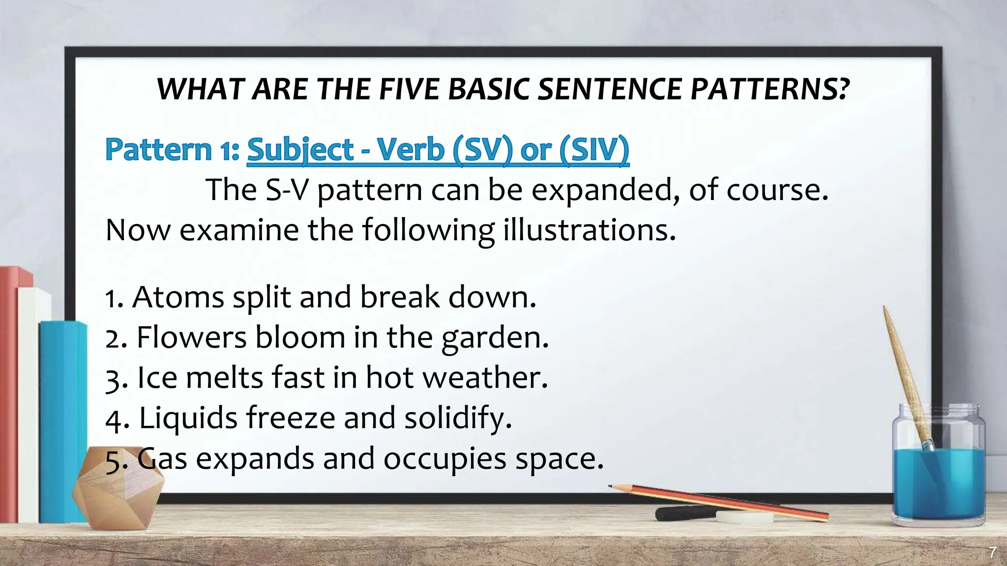 7
WHAT ARE THE FIVE BASIC SENTENCE PATTERNS?
The S-V pattern can be expanded, of course.
Now examine the following illustrations.
1. Atoms split and break down.
2. Flowers bloom in the garden.
3. Ice melts fast in hot weather.
4. Liquids freeze and solidify.
5. Gas expands and occupies space.
 