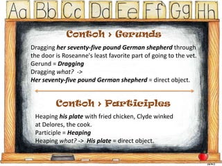 Contoh > Gerunds
Dragging her seventy-five pound German shepherd through
the door is Roseanne's least favorite part of going to the vet.
Gerund = Dragging
Dragging what? ->
Her seventy-five pound German shepherd = direct object.

Contoh > Participles
Heaping his plate with fried chicken, Clyde winked
at Delores, the cook.
Participle = Heaping
Heaping what? -> His plate = direct object.

 