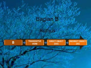Bagian B
Rumus
B

TRANSISITVE
VERB

DIRECT OBJECT
(DO)

INDIRECT OBJECT
(IO)

 