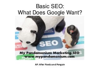 Basic SEO:
What Does Google Want?




     AP: After Panda and Penguin
 