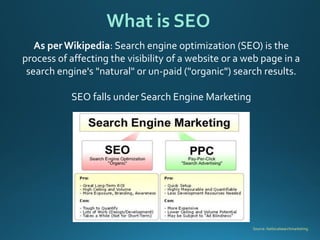 What is SEO 
Source: Getlocalsearchmarketing. 
As per Wikipedia: Search engine optimization (SEO) is the process of affecting the visibility of a website or a web page in a search engine's "natural" or un-paid ("organic") search results. 
SEO falls under Search Engine Marketing  