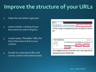 Improve the structure of your URLs 
1.Helpsthesitebetterorganized 
2.Lead to better crawling of your documents by search engines. 
3.Create easier, "friendlier" URLs for those that want to link to your content. 
4.Simple-to-understand URLs will convey content information easily 
Source: : Google SEO guide  