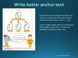 Anchor text is the clickable text that users will see as a result of a link, and is placed within the anchor tag <a href="..."></a>. 
Links on page maybe internal—pointing to other pages on your site—or external— leading to content on other sites. 
Write better anchor text 
Source: : Google SEO guide  