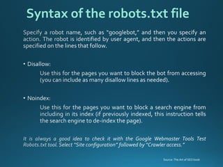 Syntax of the robots.txt file 
Source: The Art of SEO book  