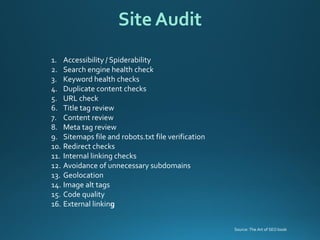 1.Accessibility / Spiderability 
2.Search engine health check 
3.Keyword health checks 
4.Duplicate content checks 
5.URL check 
6.Title tag review 
7.Content review 
8.Meta tag review 
9.Sitemaps file and robots.txt file verification 
10.Redirect checks 
11.Internal linking checks 
12.Avoidance of unnecessary subdomains 
13.Geolocation 
14.Image alt tags 
15.Code quality 
16.External linking 
Site Audit 
Source: The Art of SEO book  
