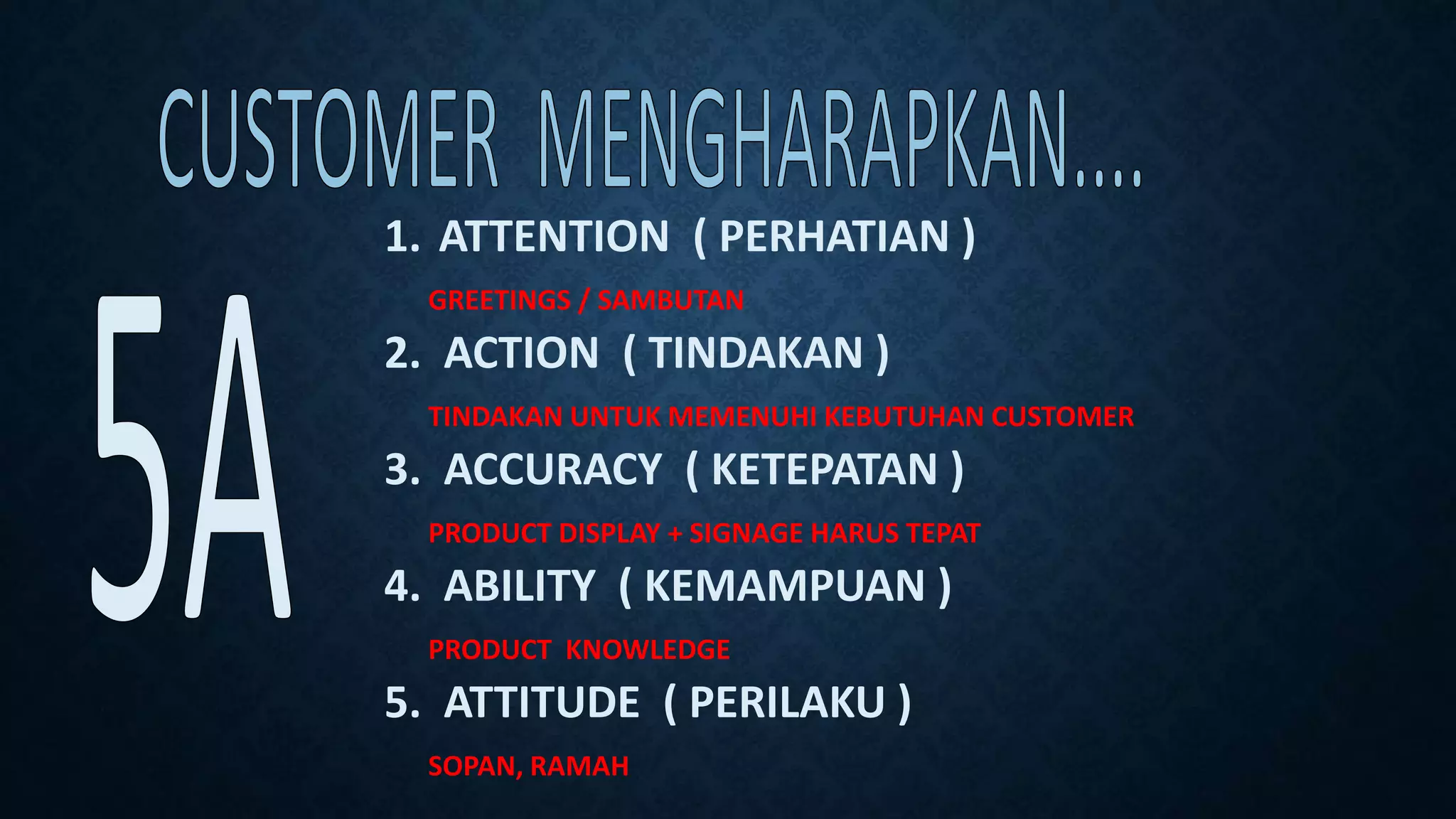 1. ATTENTION ( PERHATIAN )
GREETINGS / SAMBUTAN
2. ACTION ( TINDAKAN )
TINDAKAN UNTUK MEMENUHI KEBUTUHAN CUSTOMER
3. ACCURACY ( KETEPATAN )
PRODUCT DISPLAY + SIGNAGE HARUS TEPAT
4. ABILITY ( KEMAMPUAN )
PRODUCT KNOWLEDGE
5. ATTITUDE ( PERILAKU )
SOPAN, RAMAH
 