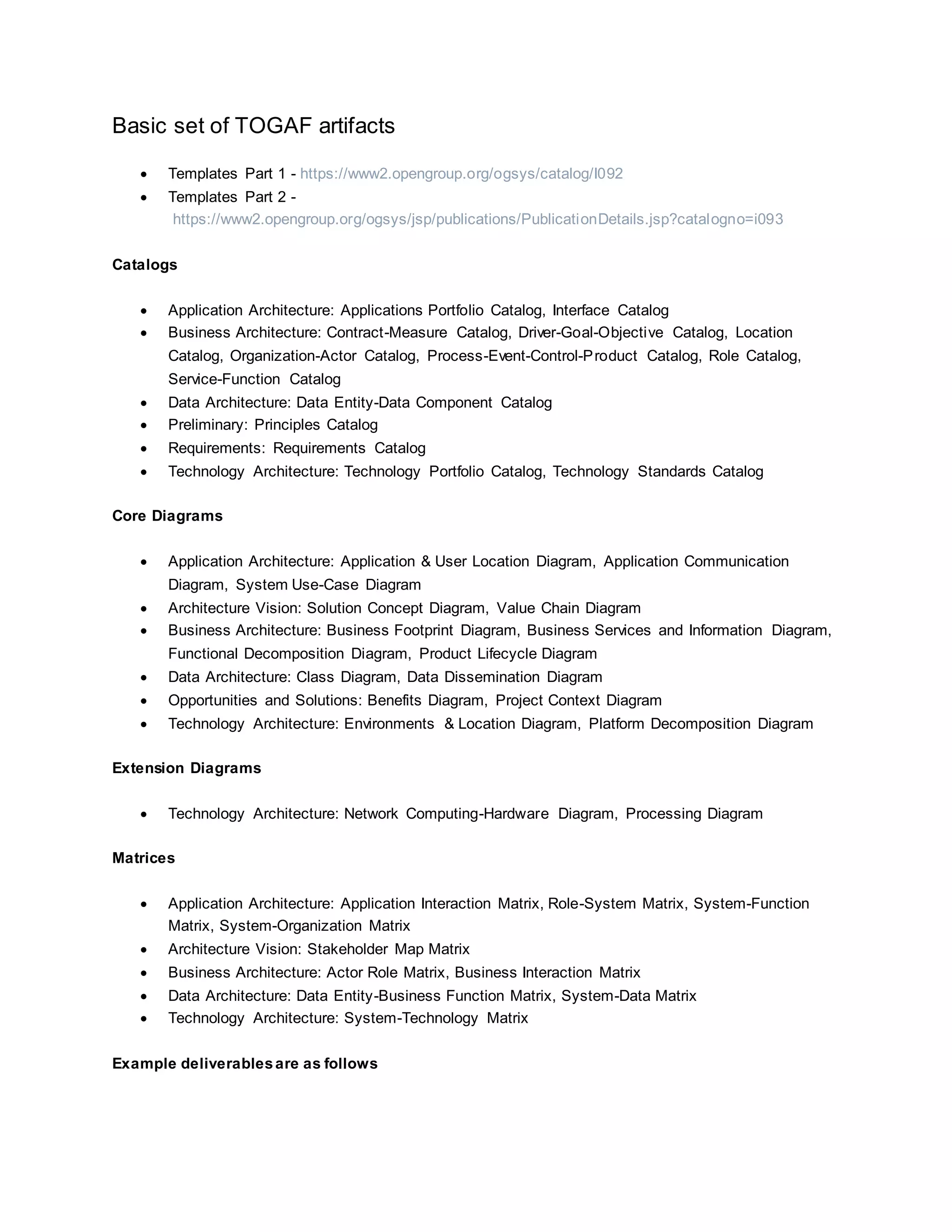 Basic set of core TOGAF artifacts and deliverables by ADM phase DOCX