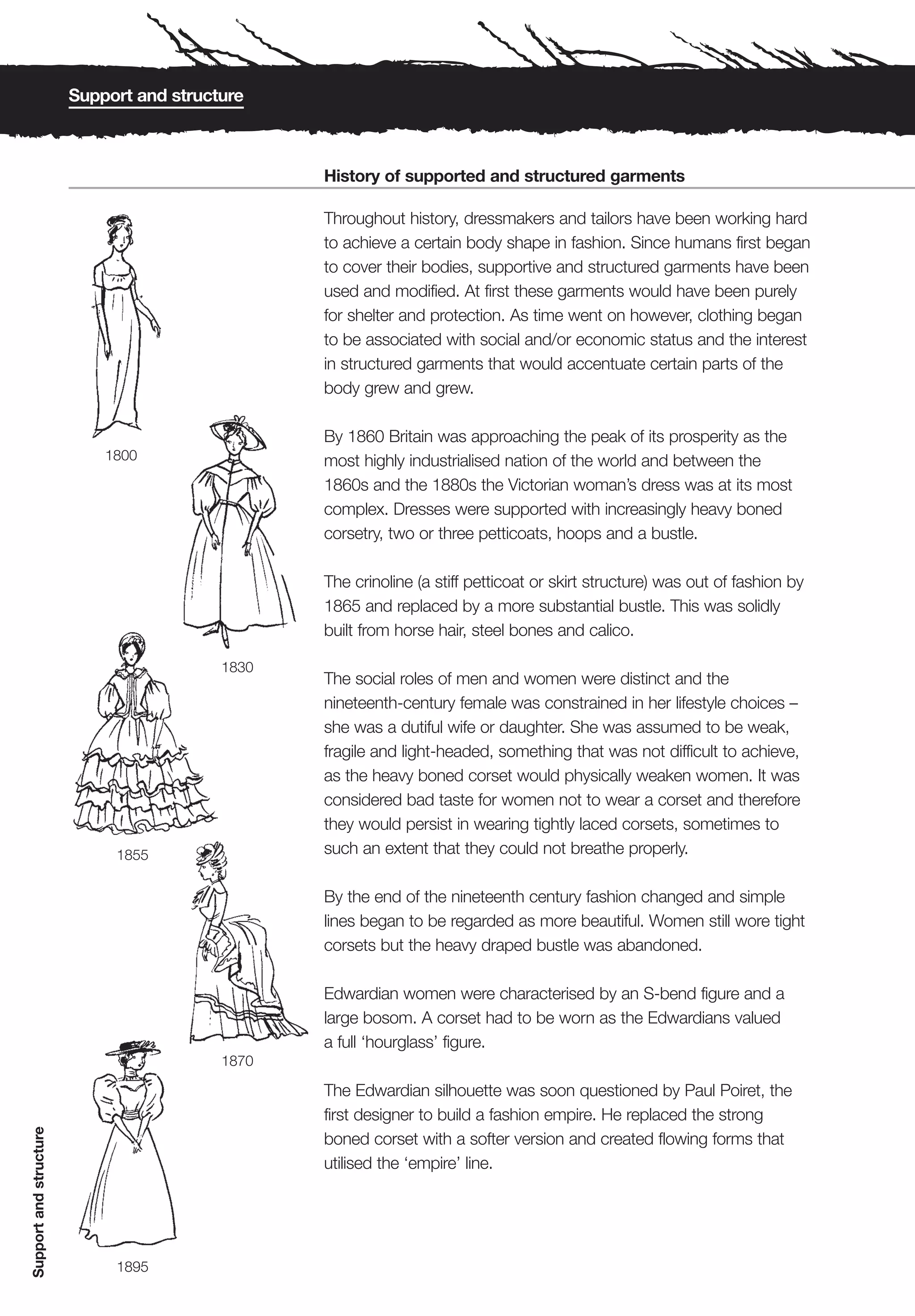 Support and structure



                                                 History of supported and structured garments

                                                 Throughout history, dressmakers and tailors have been working hard
                                                 to achieve a certain body shape in fashion. Since humans first began
                                                 to cover their bodies, supportive and structured garments have been
                                                 used and modified. At first these garments would have been purely
                                                 for shelter and protection. As time went on however, clothing began
                                                 to be associated with social and/or economic status and the interest
                                                 in structured garments that would accentuate certain parts of the
                                                 body grew and grew.

                                                 By 1860 Britain was approaching the peak of its prosperity as the
                            1800                 most highly industrialised nation of the world and between the
                                                 1860s and the 1880s the Victorian woman’s dress was at its most
                                                 complex. Dresses were supported with increasingly heavy boned
                                                 corsetry, two or three petticoats, hoops and a bustle.

                                                 The crinoline (a stiff petticoat or skirt structure) was out of fashion by
                                                 1865 and replaced by a more substantial bustle. This was solidly
                                                 built from horse hair, steel bones and calico.

                                          1830
                                                 The social roles of men and women were distinct and the
                                                 nineteenth-century female was constrained in her lifestyle choices –
                                                 she was a dutiful wife or daughter. She was assumed to be weak,
                                                 fragile and light-headed, something that was not difficult to achieve,
                                                 as the heavy boned corset would physically weaken women. It was
                                                 considered bad taste for women not to wear a corset and therefore
                                                 they would persist in wearing tightly laced corsets, sometimes to
                             1855                such an extent that they could not breathe properly.

                                                 By the end of the nineteenth century fashion changed and simple
                                                 lines began to be regarded as more beautiful. Women still wore tight
                                                 corsets but the heavy draped bustle was abandoned.

                                                 Edwardian women were characterised by an S-bend figure and a
                                                 large bosom. A corset had to be worn as the Edwardians valued
                                                 a full ‘hourglass’ figure.
                                          1870

                                                 The Edwardian silhouette was soon questioned by Paul Poiret, the
                                                 first designer to build a fashion empire. He replaced the strong
Support and structure




                                                 boned corset with a softer version and created flowing forms that
                                                 utilised the ‘empire’ line.




                             1895
 