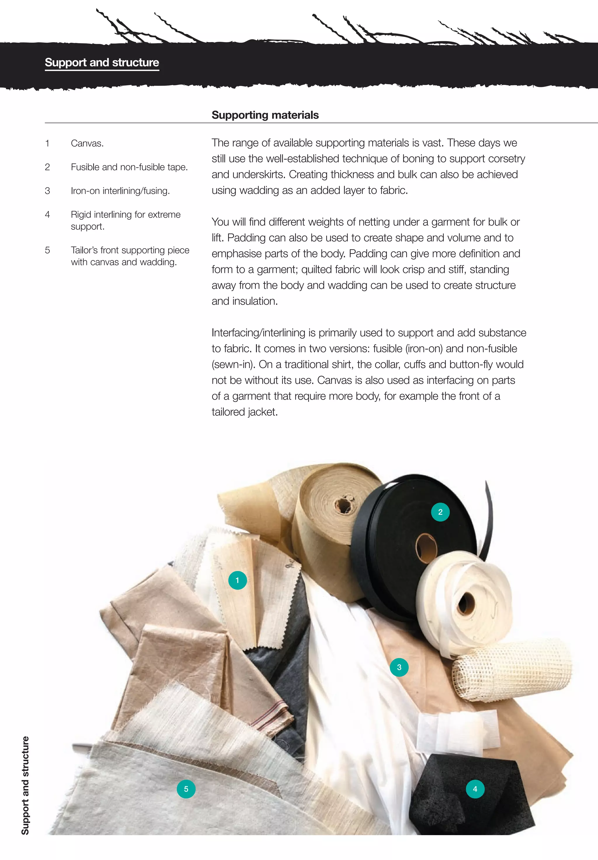 Support and structure



                                                                Supporting materials

                        1   Canvas.                             The range of available supporting materials is vast. These days we
                                                                still use the well-established technique of boning to support corsetry
                        2   Fusible and non-fusible tape.
                                                                and underskirts. Creating thickness and bulk can also be achieved
                        3   Iron-on interlining/fusing.         using wadding as an added layer to fabric.

                        4   Rigid interlining for extreme
                            support.                            You will find different weights of netting under a garment for bulk or
                                                                lift. Padding can also be used to create shape and volume and to
                        5   Tailor’s front supporting piece     emphasise parts of the body. Padding can give more definition and
                            with canvas and wadding.
                                                                form to a garment; quilted fabric will look crisp and stiff, standing
                                                                away from the body and wadding can be used to create structure
                                                                and insulation.

                                                                Interfacing/interlining is primarily used to support and add substance
                                                                to fabric. It comes in two versions: fusible (iron-on) and non-fusible
                                                                (sewn-in). On a traditional shirt, the collar, cuffs and button-fly would
                                                                not be without its use. Canvas is also used as interfacing on parts
                                                                of a garment that require more body, for example the front of a
                                                                tailored jacket.




                                                                                                                    2




                                                                     1




                                                                                                          3
Support and structure




                                                            5                                                               4
 