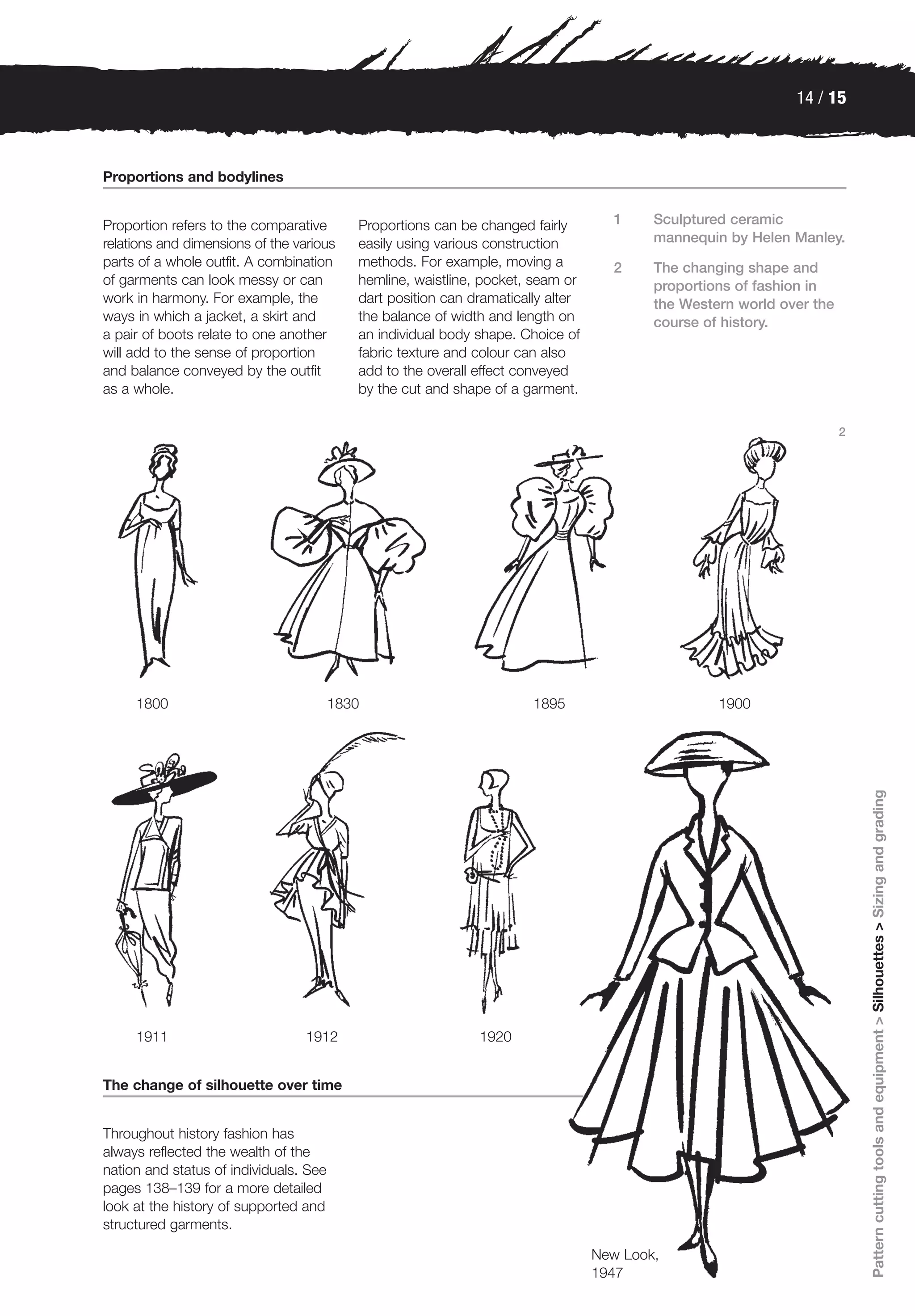 14 / 15



Proportions and bodylines


Proportion refers to the comparative       Proportions can be changed fairly        1     Sculptured ceramic
relations and dimensions of the various    easily using various construction              mannequin by Helen Manley.
parts of a whole outfit. A combination     methods. For example, moving a           2     The changing shape and
of garments can look messy or can          hemline, waistline, pocket, seam or            proportions of fashion in
work in harmony. For example, the          dart position can dramatically alter           the Western world over the
ways in which a jacket, a skirt and        the balance of width and length on             course of history.
a pair of boots relate to one another      an individual body shape. Choice of
will add to the sense of proportion        fabric texture and colour can also
and balance conveyed by the outfit         add to the overall effect conveyed
as a whole.                                by the cut and shape of a garment.

                                                                                                                       2




     1800                               1830                           1895                        1900




                                                                                                                           Pattern cutting tools and equipment > Silhouettes > Sizing and grading




     1911                         1912                        1920


The change of silhouette over time


Throughout history fashion has
always reflected the wealth of the
nation and status of individuals. See
pages 138–139 for a more detailed
look at the history of supported and
structured garments.

                                                                                  New Look,
                                                                                  1947
 