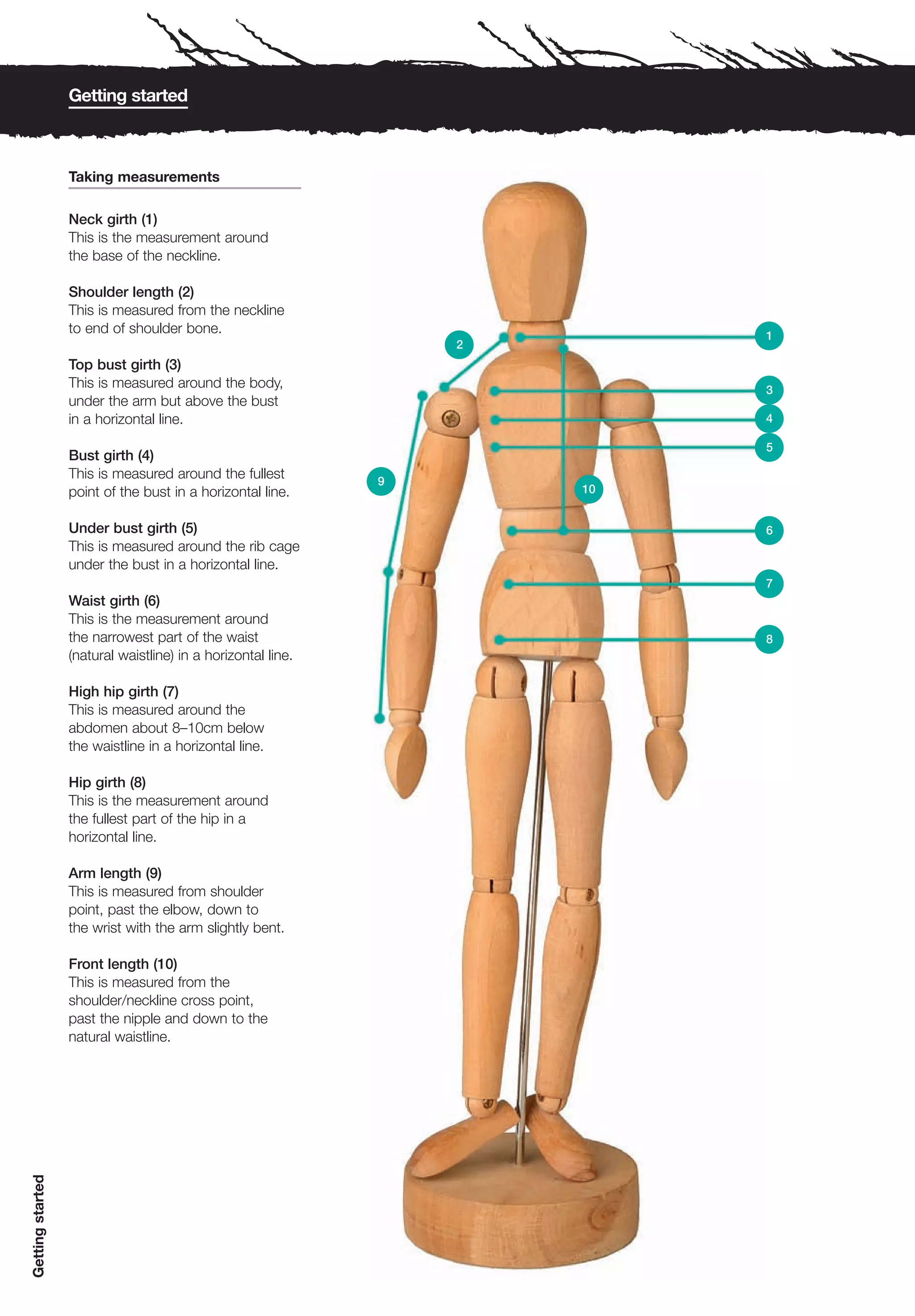 Getting started



                  Taking measurements

                  Neck girth (1)
                  This is the measurement around
                  the base of the neckline.

                  Shoulder length (2)
                  This is measured from the neckline
                  to end of shoulder bone.                                 1
                                                                  2
                  Top bust girth (3)
                  This is measured around the body,                        3
                  under the arm but above the bust
                  in a horizontal line.                                    4

                                                                           5
                  Bust girth (4)
                  This is measured around the fullest         9
                  point of the bust in a horizontal line.             10


                  Under bust girth (5)                                     6
                  This is measured around the rib cage
                  under the bust in a horizontal line.
                                                                           7
                  Waist girth (6)
                  This is the measurement around
                  the narrowest part of the waist                          8
                  (natural waistline) in a horizontal line.

                  High hip girth (7)
                  This is measured around the
                  abdomen about 8–10cm below
                  the waistline in a horizontal line.

                  Hip girth (8)
                  This is the measurement around
                  the fullest part of the hip in a
                  horizontal line.

                  Arm length (9)
                  This is measured from shoulder
                  point, past the elbow, down to
                  the wrist with the arm slightly bent.

                  Front length (10)
                  This is measured from the
                  shoulder/neckline cross point,
                  past the nipple and down to the
                  natural waistline.
Getting started
 