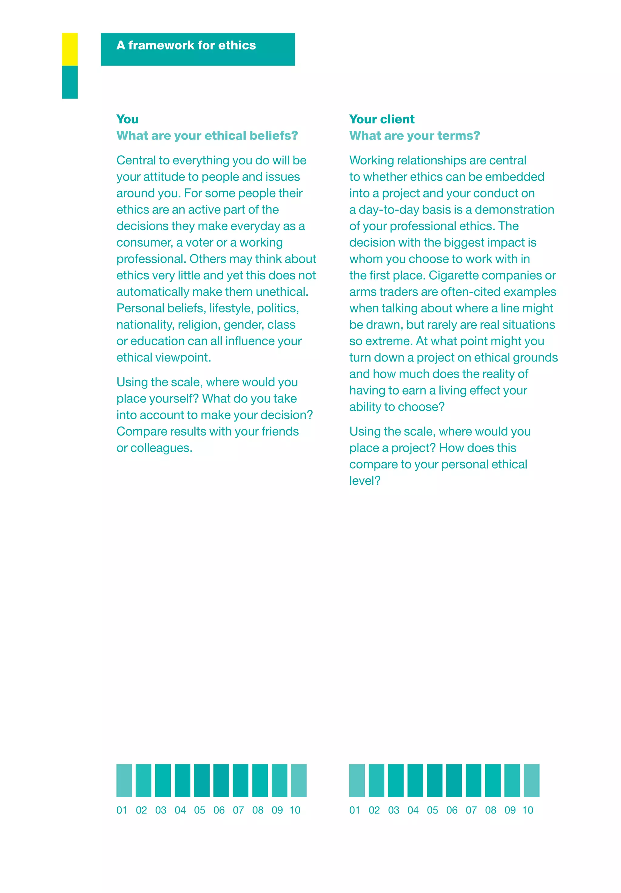 A framework for ethics




You                                        Your client
What are your ethical beliefs?             What are your terms?
Central to everything you do will be       Working relationships are central
your attitude to people and issues         to whether ethics can be embedded
around you. For some people their          into a project and your conduct on
ethics are an active part of the           a day-to-day basis is a demonstration
decisions they make everyday as a          of your professional ethics. The
consumer, a voter or a working             decision with the biggest impact is
professional. Others may think about       whom you choose to work with in
ethics very little and yet this does not   the ﬁrst place. Cigarette companies or
automatically make them unethical.         arms traders are often-cited examples
Personal beliefs, lifestyle, politics,     when talking about where a line might
nationality, religion, gender, class       be drawn, but rarely are real situations
or education can all inﬂuence your         so extreme. At what point might you
ethical viewpoint.                         turn down a project on ethical grounds
                                           and how much does the reality of
Using the scale, where would you
                                           having to earn a living effect your
place yourself? What do you take
                                           ability to choose?
into account to make your decision?
Compare results with your friends          Using the scale, where would you
or colleagues.                             place a project? How does this
                                           compare to your personal ethical
                                           level?




01 02 03 04 05 06 07 08 09 10              01 02 03 04 05 06 07 08 09 10
 