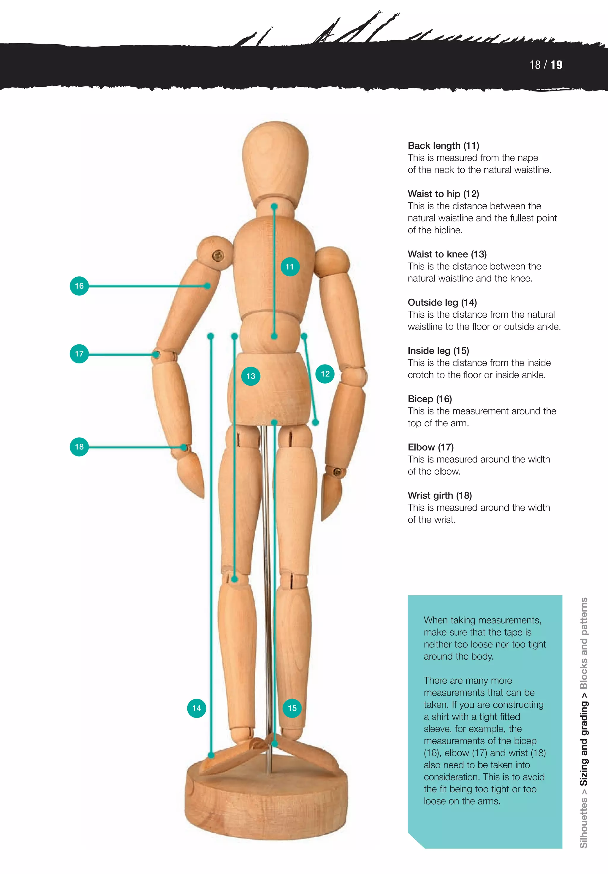 18 / 19




                         Back length (11)
                         This is measured from the nape
                         of the neck to the natural waistline.

                         Waist to hip (12)
                         This is the distance between the
                         natural waistline and the fullest point
                         of the hipline.

                         Waist to knee (13)
               11        This is the distance between the
                         natural waistline and the knee.
16

                         Outside leg (14)
                         This is the distance from the natural
                         waistline to the floor or outside ankle.

17                       Inside leg (15)
                         This is the distance from the inside
          13        12   crotch to the floor or inside ankle.

                         Bicep (16)
                         This is the measurement around the
                         top of the arm.

18                       Elbow (17)
                         This is measured around the width
                         of the elbow.

                         Wrist girth (18)
                         This is measured around the width
                         of the wrist.




                                                                    Silhouettes > Sizing and grading > Blocks and patterns


                             When taking measurements,
                             make sure that the tape is
                             neither too loose nor too tight
                             around the body.

                             There are many more
                             measurements that can be
     14        15            taken. If you are constructing
                             a shirt with a tight fitted
                             sleeve, for example, the
                             measurements of the bicep
                             (16), elbow (17) and wrist (18)
                             also need to be taken into
                             consideration. This is to avoid
                             the fit being too tight or too
                             loose on the arms.
 