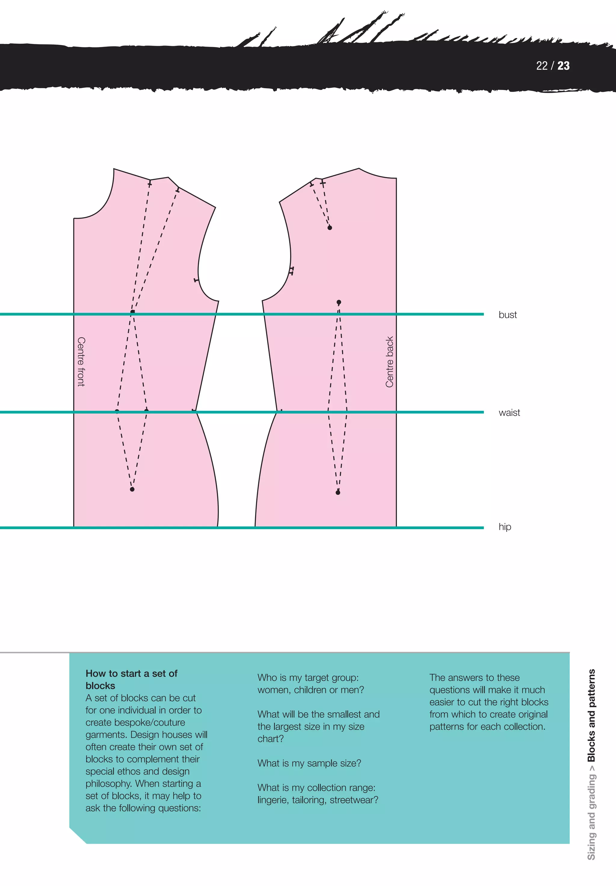 22 / 23




                                                                                     bust




                                                                                     waist




                                                                                     hip




                                                                                                        Sizing and grading > Blocks and patterns




How to start a set of            Who is my target group:            The answers to these
blocks                           women, children or men?            questions will make it much
A set of blocks can be cut                                          easier to cut the right blocks
for one individual in order to   What will be the smallest and      from which to create original
create bespoke/couture           the largest size in my size        patterns for each collection.
garments. Design houses will     chart?
often create their own set of
blocks to complement their       What is my sample size?
special ethos and design
philosophy. When starting a      What is my collection range:
set of blocks, it may help to    lingerie, tailoring, streetwear?
ask the following questions:
 