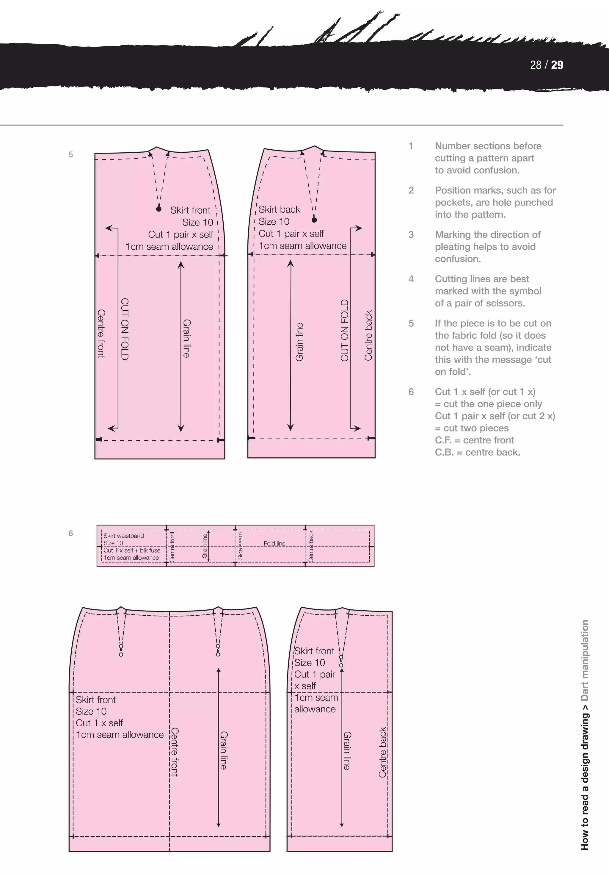 28 / 29




    1   Number sections before
5
        cutting a pattern apart
        to avoid confusion.

    2   Position marks, such as for
        pockets, are hole punched
        into the pattern.

    3   Marking the direction of
        pleating helps to avoid
        confusion.

    4   Cutting lines are best
        marked with the symbol
        of a pair of scissors.

    5   If the piece is to be cut on
        the fabric fold (so it does
        not have a seam), indicate
        this with the message ‘cut
        on fold’.

    6   Cut 1 x self (or cut 1 x)
        = cut the one piece only
        Cut 1 pair x self (or cut 2 x)
        = cut two pieces
        C.F. = centre front
        C.B. = centre back.




6




                                         How to read a design drawing > Dart manipulation
 