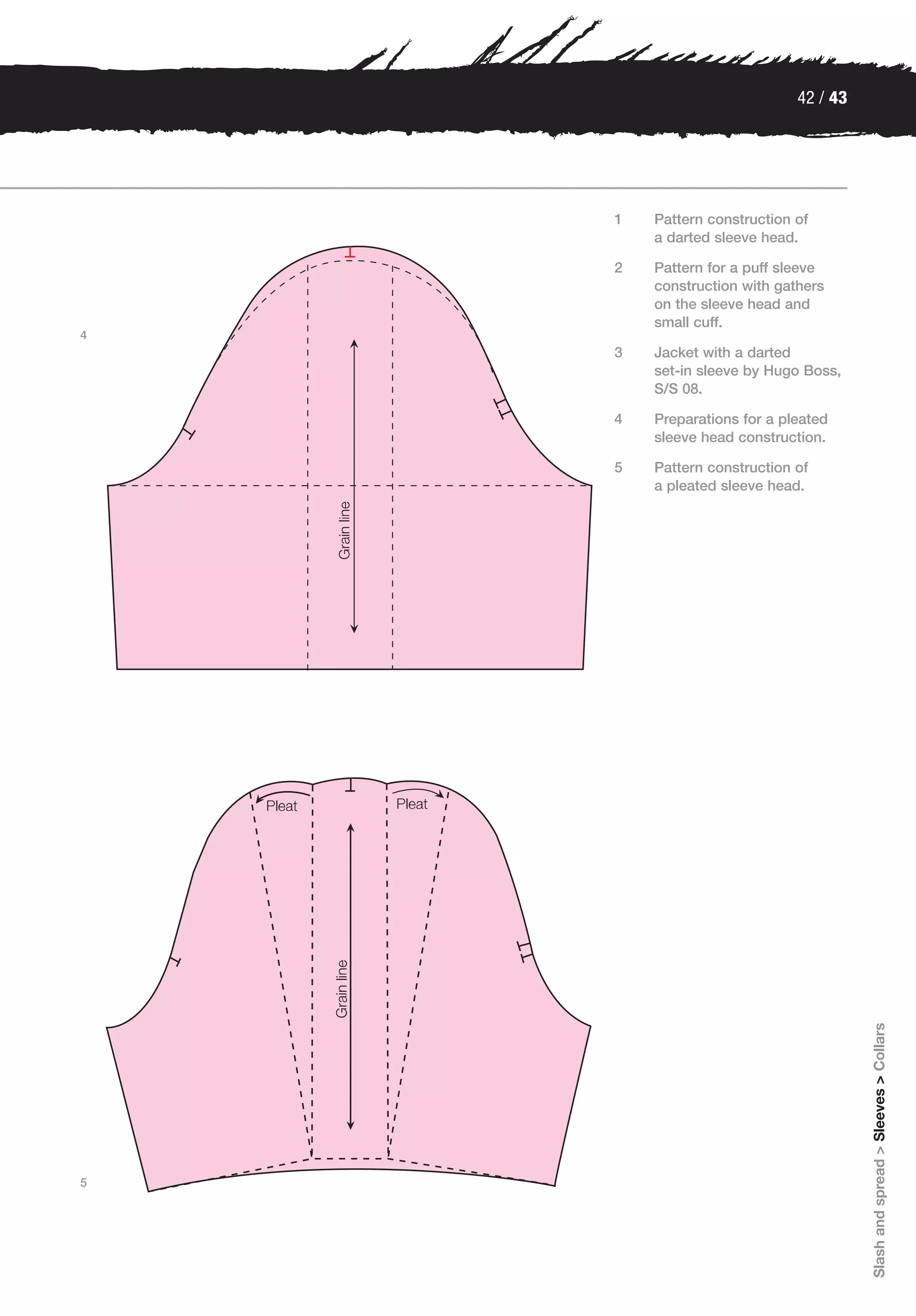 42 / 43




    1   Pattern construction of
        a darted sleeve head.

    2   Pattern for a puff sleeve
        construction with gathers
        on the sleeve head and
        small cuff.
4
    3   Jacket with a darted
        set-in sleeve by Hugo Boss,
        S/S 08.

    4   Preparations for a pleated
        sleeve head construction.

    5   Pattern construction of
        a pleated sleeve head.




                                       Slash and spread > Sleeves > Collars




5
 