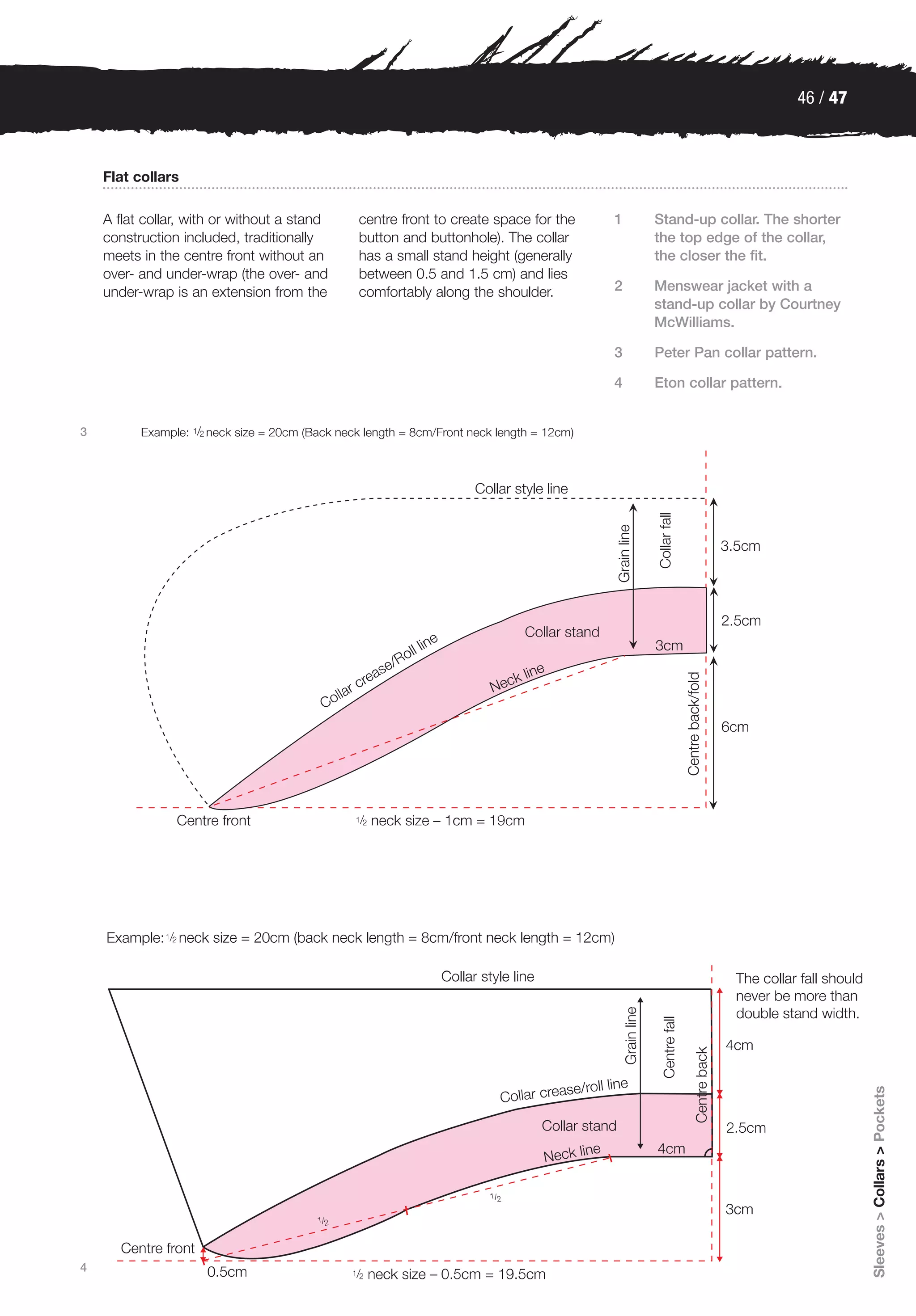 46 / 47



    Flat collars

    A flat collar, with or without a stand   centre front to create space for the   1   Stand-up collar. The shorter
    construction included, traditionally     button and buttonhole). The collar         the top edge of the collar,
    meets in the centre front without an     has a small stand height (generally        the closer the fit.
    over- and under-wrap (the over- and      between 0.5 and 1.5 cm) and lies
    under-wrap is an extension from the      comfortably along the shoulder.        2   Menswear jacket with a
                                                                                        stand-up collar by Courtney
                                                                                        McWilliams.

                                                                                    3   Peter Pan collar pattern.

                                                                                    4   Eton collar pattern.


3




                                                                                                                         Sleeves > Collars > Pockets




4
 