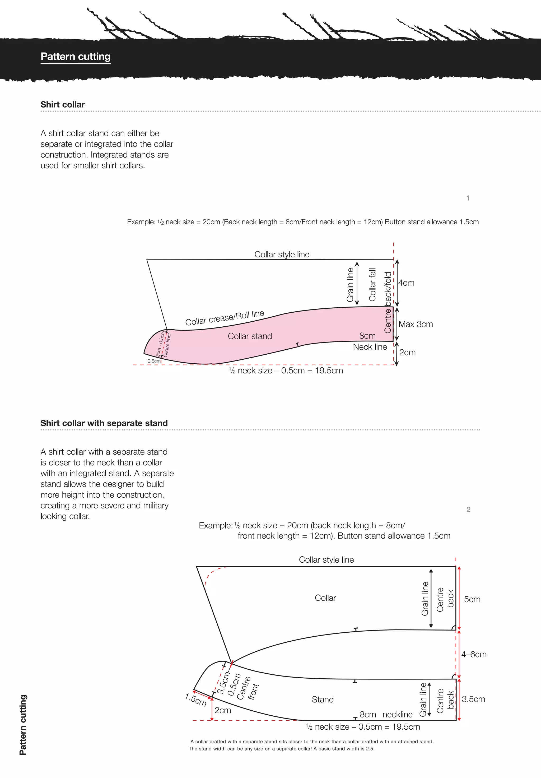 Pattern cutting



                  Shirt collar


                  A shirt collar stand can either be
                  separate or integrated into the collar
                  construction. Integrated stands are
                  used for smaller shirt collars.


                                                                                                                                                                           1




                  Shirt collar with separate stand


                  A shirt collar with a separate stand
                  is closer to the neck than a collar
                  with an integrated stand. A separate
                  stand allows the designer to build
                  more height into the construction,
                  creating a more severe and military                                                                                                                      2
                  looking collar.
Pattern cutting




                                                            A collar drafted with a separate stand sits closer to the neck than a collar drafted with an attached stand.
                                                           The stand width can be any size on a separate collar! A basic stand width is 2.5.
 