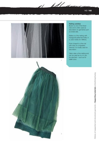 142 / 143




    Netting varieties
    Illusion is one of the finest
    nets and is often used as
    decoration on garments such
    as bridal veils.

    Maline is a fine netting with
    hexagonal patterned holes. It
    is used mainly for millinery.

    Point d’esprit is a fine net
    with dots on a repeated
    interval; it is mostly used for
    decoration.

    Tulle is also a fine netting and
    can be used as is or it can
    be starched – such as for
4   ballet tutus.




                                         History of supported and structured garments > Supporting materials > Interlining/fusing




5
 