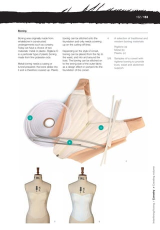 152 / 153



Boning

Boning was originally made from           boning can be stitched onto the          4     A selection of traditional and
whalebone in constructed                  foundation and only needs covering             modern boning materials:
undergarments such as corsetry.           up on the cutting-off lines.
Today we have a choice of two                                                            Rigilene (a)
materials: metal or plastic. Rigilene O   Depending on the style of corset,              Metal (b)
is a particular type of plastic boning    boning can be placed from the hip to           Plastic (c)
made from fine polyester rods.            the waist, and into and around the       5/6   Samples of a corset with
                                          bust. The boning can be stitched on            rigilene boning to provide
Metal boning needs a casing or            to the wrong side of the outer fabric          bust, waist and abdomen
tunnel prepared; the bone slides into     as a design effect or worked into the          support.
it and is therefore covered up. Plastic   foundation of the corset.




           a



                                                                               c




                                               b




                                                                                                   4
                                                                                                                          Interlining/fusing > Corsetry > Creating volume




                                   5                                       6
 