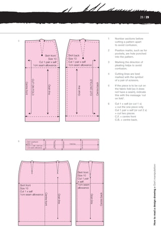 28 / 29




    1   Number sections before
5
        cutting a pattern apart
        to avoid confusion.

    2   Position marks, such as for
        pockets, are hole punched
        into the pattern.

    3   Marking the direction of
        pleating helps to avoid
        confusion.

    4   Cutting lines are best
        marked with the symbol
        of a pair of scissors.

    5   If the piece is to be cut on
        the fabric fold (so it does
        not have a seam), indicate
        this with the message ‘cut
        on fold’.

    6   Cut 1 x self (or cut 1 x)
        = cut the one piece only
        Cut 1 pair x self (or cut 2 x)
        = cut two pieces
        C.F. = centre front
        C.B. = centre back.




6




                                         How to read a design drawing > Dart manipulation
 