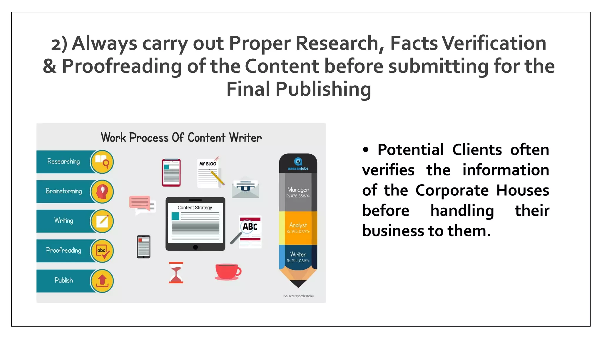 2) Always carry out Proper Research, FactsVerification
& Proofreading of the Content before submitting for the
Final Publishing
• Potential Clients often
verifies the information
of the Corporate Houses
before handling their
business to them.
 