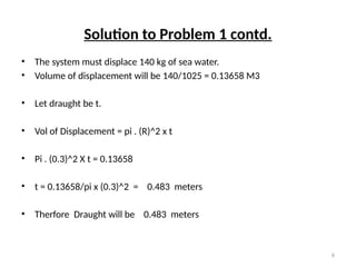 6
Solution to Problem 1 contd.
• The system must displace 140 kg of sea water.
• Volume of displacement will be 140/1025 = 0.13658 M3
• Let draught be t.
• Vol of Displacement = pi . (R)^2 x t
• Pi . (0.3)^2 X t = 0.13658
• t = 0.13658/pi x (0.3)^2 = 0.483 meters
• Therfore Draught will be 0.483 meters
 