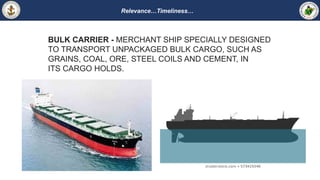 Relevance…Timeliness…
BULK CARRIER - MERCHANT SHIP SPECIALLY DESIGNED
TO TRANSPORT UNPACKAGED BULK CARGO, SUCH AS
GRAINS, COAL, ORE, STEEL COILS AND CEMENT, IN
ITS CARGO HOLDS.
 