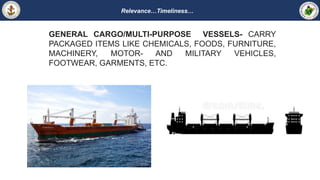 Relevance…Timeliness…
GENERAL CARGO/MULTI-PURPOSE VESSELS- CARRY
PACKAGED ITEMS LIKE CHEMICALS, FOODS, FURNITURE,
MACHINERY, MOTOR- AND MILITARY VEHICLES,
FOOTWEAR, GARMENTS, ETC.
 