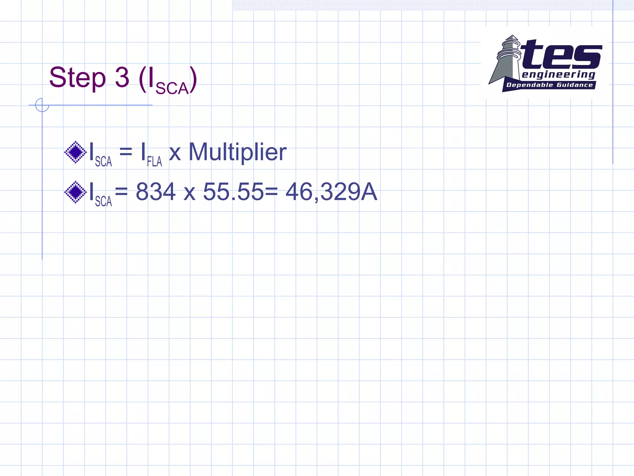 Step 3 (ISCA)
ISCA = IFLA x Multiplier
ISCA = 834 x 55.55= 46,329A
 