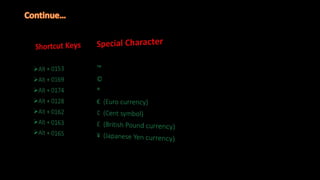 Shortcut Keys Special Character
Alt + 0153 ™
Alt + 0169 ©
Alt + 0174 ®
Alt + 0128 € (Euro currency)
Alt + 0162 ¢ (Cent symbol)
Alt + 0163 £ (British Pound currency)
Alt + 0165 ¥ (Japanese Yen currency)
 