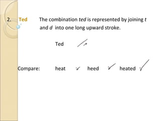2.  Ted The combination  ted  is represented by joining  t  and  d  into one long upward stroke. Ted Compare: heat heed heated 