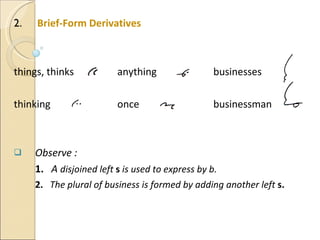 2 .  Brief-Form Derivatives things, thinks   anything   businesses thinking   once   businessman Observe : 1.   A  disjoined left  s  is used to express by b. 2.   The plural of business is formed by adding another left  s. 