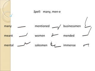 Spell:  many, men-e many   mentioned   businessmen meant   women   mended mental    salesmen   immense 