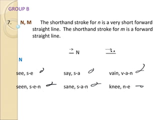 GROUP B 7.  N, M  The shorthand stroke for  n  is a very short forward  straight line.  The shorthand stroke for  m  is a forward  straight line.   N   M N see, s-e   say, s-a   vain, v-a-n seen, s-e-n   sane, s-a-n    knee, n-e  