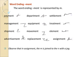 3.  Word Ending –ment The word ending  –ment  is represented by  m .  payment department settlement management   equipment treatment  shipment movement element advertisement  replacement   assignment Observe that in  assignment,  the  m  is joined to the  n  with a jog . 