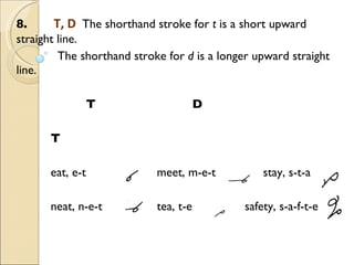 8.   T, D  The shorthand stroke for  t  is a short upward straight line.    The shorthand stroke for  d  is a longer upward straight line. T D T eat, e-t  meet, m-e-t stay, s-t-a neat, n-e-t tea, t-e   safety, s-a-f-t-e 