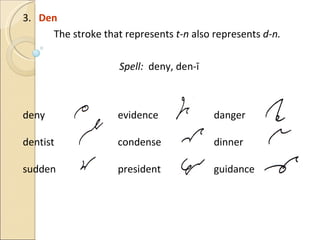 3.  Den   The stroke that represents  t-n  also represents  d-n.  Spell:  deny, den-ī deny   evidence danger dentist condense dinner sudden president guidance 