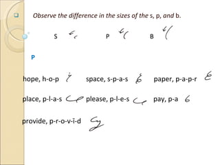 Observe the difference in the sizes of the  s, p,  and  b.   S    P   B P hope, h-o-p   space, s-p-a-s   paper, p-a-p-r  place, p-l-a-s    please, p-l-e-s  pay, p-a  provide, p-r-o-v-ī-d  